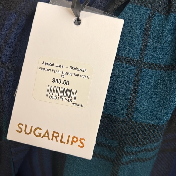 NWT Sugarlips Hudson Plaid Drape Sleeve Top Curve Blouse, Sz. XS. - Picture 8 of 13